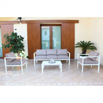 Salotto 3 posti in alluminio con cuscini, struttura bianca, 184x70 cm