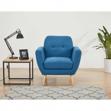 Poltrona in tessuto blu con bottoni, gambe in polipropilene 84x79x86 cm