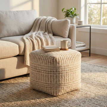 Pouf quadrato in cotone e lana, dimensioni 40x40x40 cm, peso 2,46 kg
