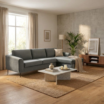 Divano con chaise longue in tessuto grigio, gambe metallo, 180x97x85 cm