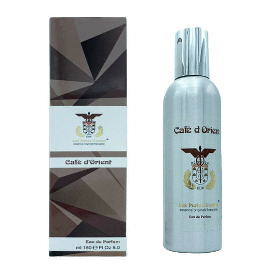 Scatola e flacone di profumo Les Perles D'Orient Cafe' D'Orient, confezione elegante con logo e dettagli dorati, formato 150 ml, per uomo e donna