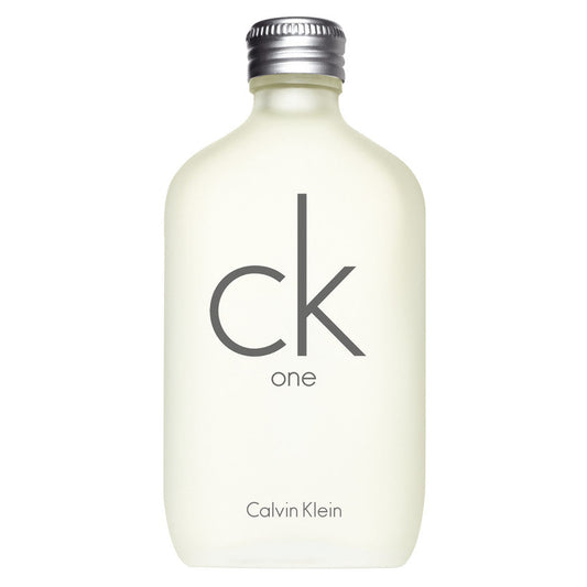 Flacone di profumo Calvin Klein CK One Eau de Toilette da 200 ml in vetro opaco bianco con tappo argento, design minimalista unisex.