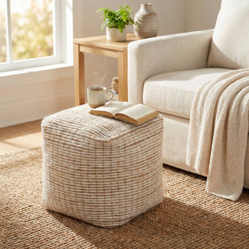 Pouf quadrato in lana e juta, dimensioni 40x40x40 cm, colore avorio