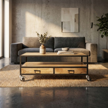 Tavolino in legno di mango con 2 cassetti 120x60x45 cm