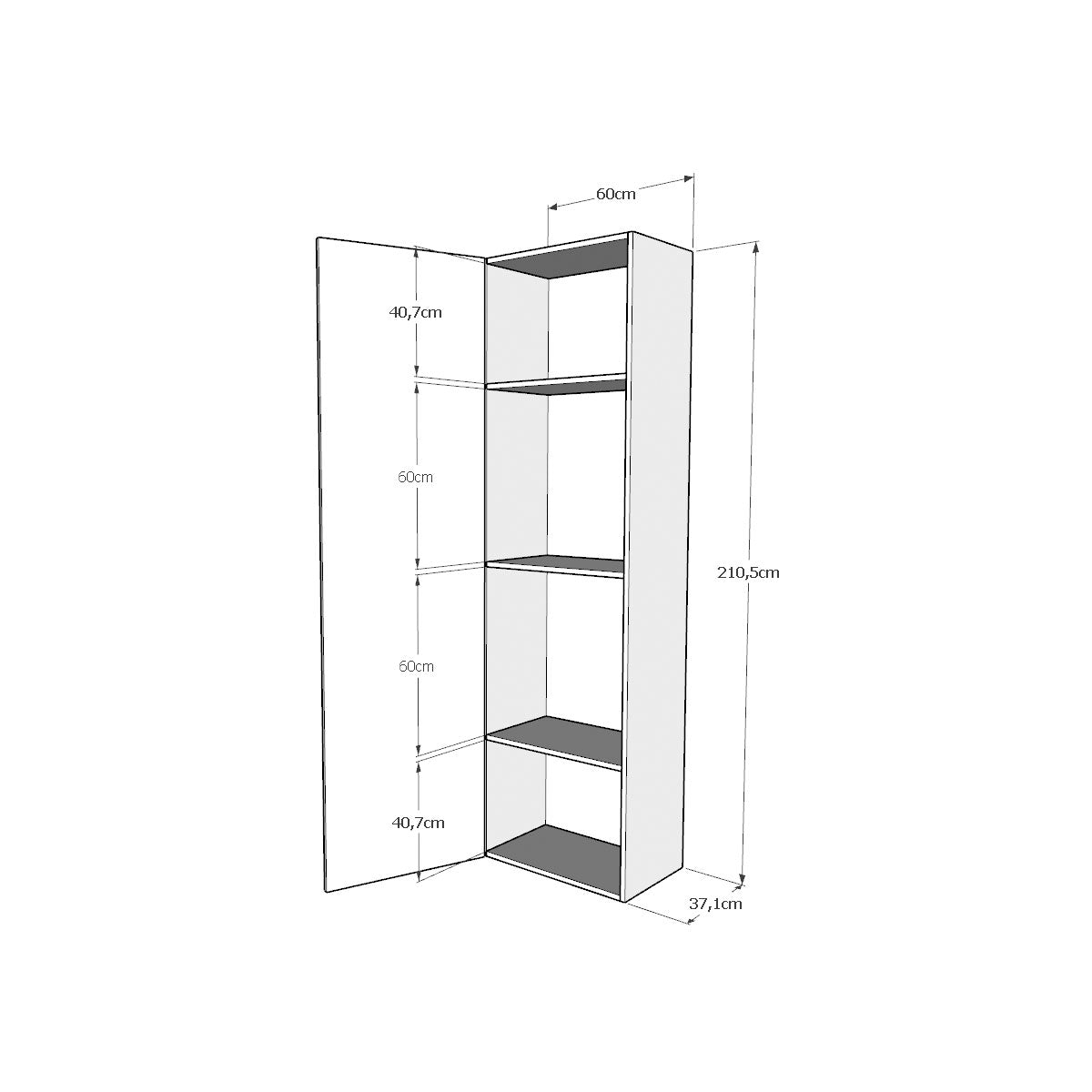 Colonna armadio Kentaro con 4 ripiani interni, perfetta per contenere oggetti e vestiti. Altezza 210,5 cm, profondità 37,1 cm.
