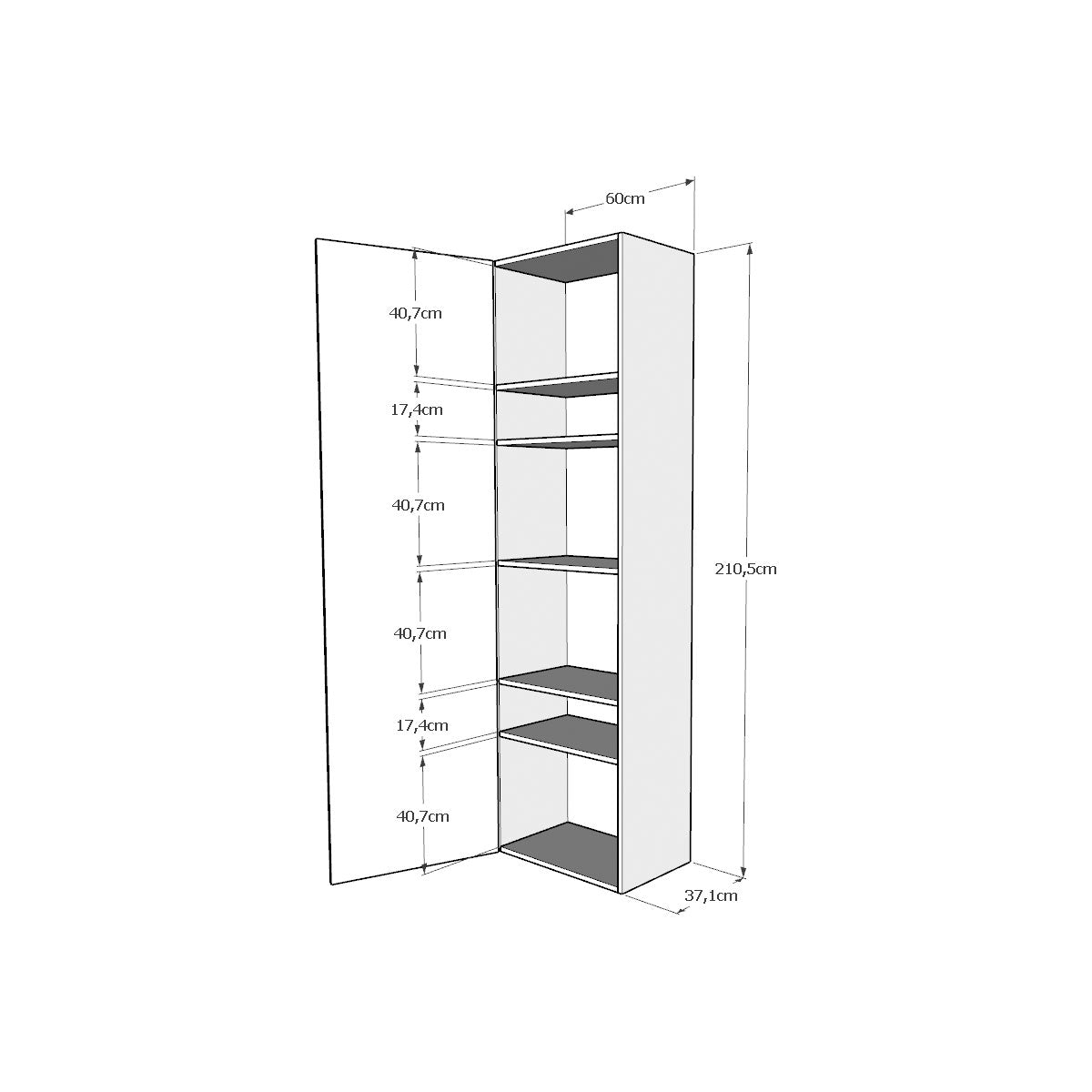 Colonna Kentaro con 6 ripiani interni, ideale per massimizzare lo spazio contenitivo. Struttura alta 210,5 cm e profonda 37,1 cm.