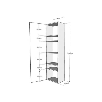 Colonna Kentaro con 6 ripiani interni, ideale per massimizzare lo spazio contenitivo. Struttura alta 210,5 cm e profonda 37,1 cm.
