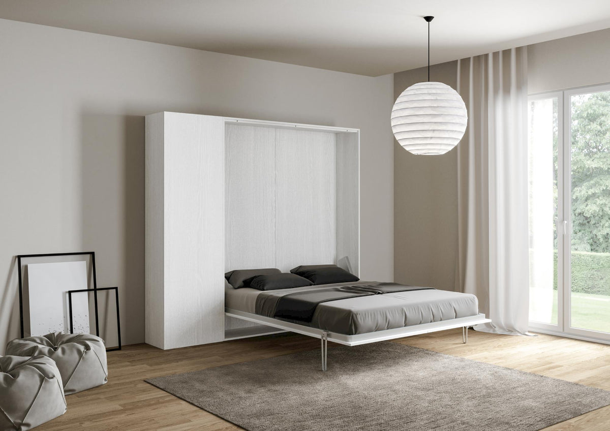 Letto Kentaro bianco con colonna aperto, una piazza e mezza, ideale per spazi multifunzionali. Comfort e praticità in un'unica soluzione.