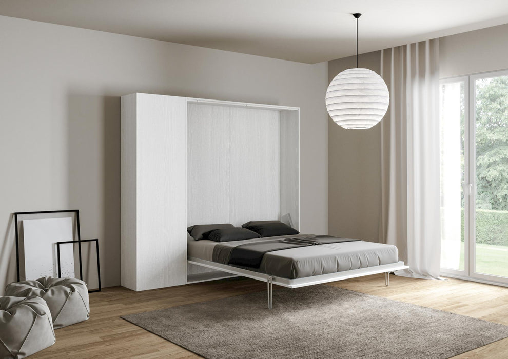 Letto Kentaro bianco con colonna aperto, una piazza e mezza, ideale per spazi multifunzionali. Comfort e praticità in un'unica soluzione.