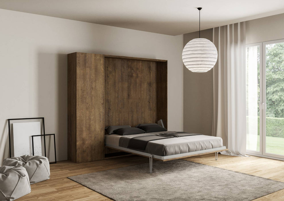 Letto Kentaro legno scuro con colonna aperto, ideale per ambienti piccoli con esigenze di comfort e stile.