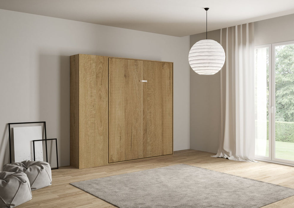 Letto Kentaro con colonna chiuso in rovere chiaro, perfetto per ambienti piccoli e ben organizzati.