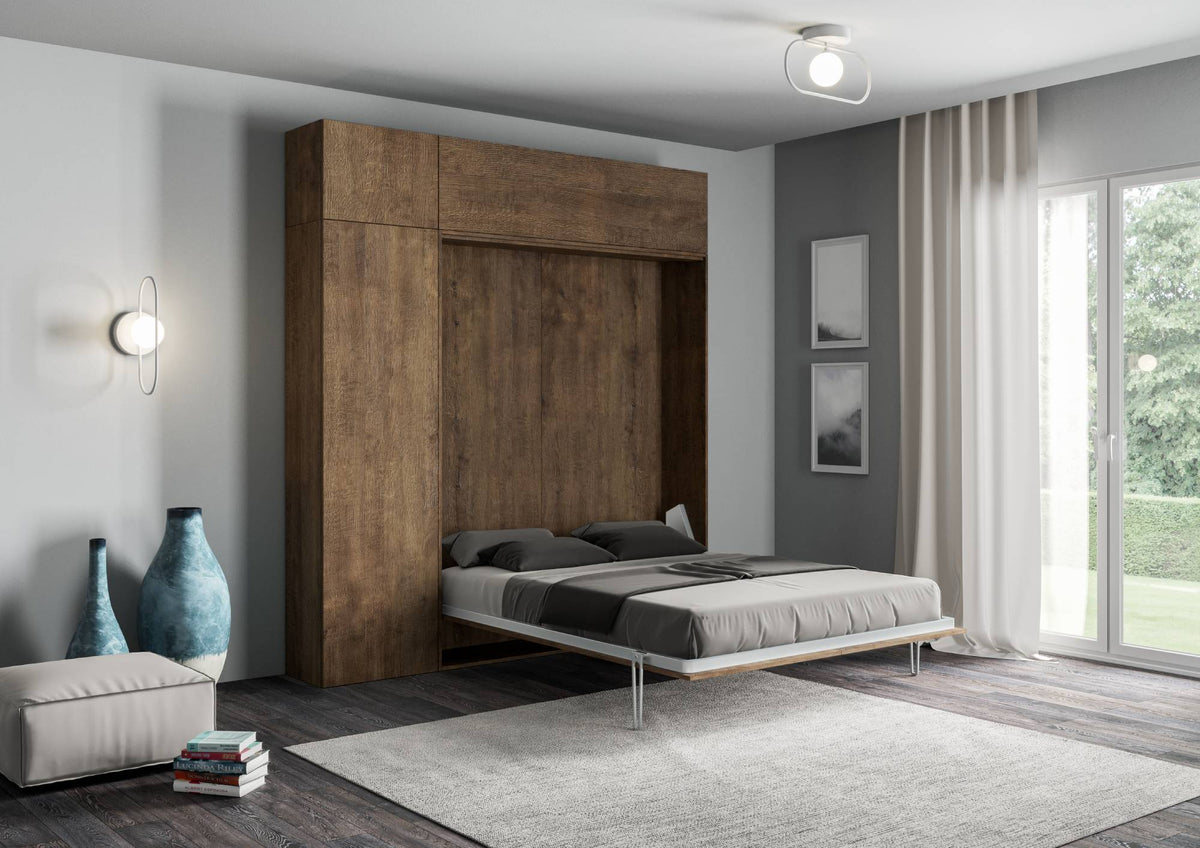 Letto Kentaro legno scuro con colonna e pensile aperto, una piazza e mezza, soluzione completa per ambienti multifunzionali.