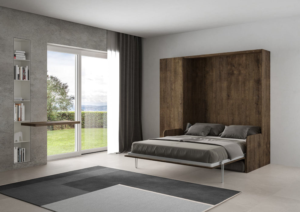 Letto Kentaro Sofà in legno scuro con colonna aperto, trasforma il soggiorno in una camera da letto moderna.