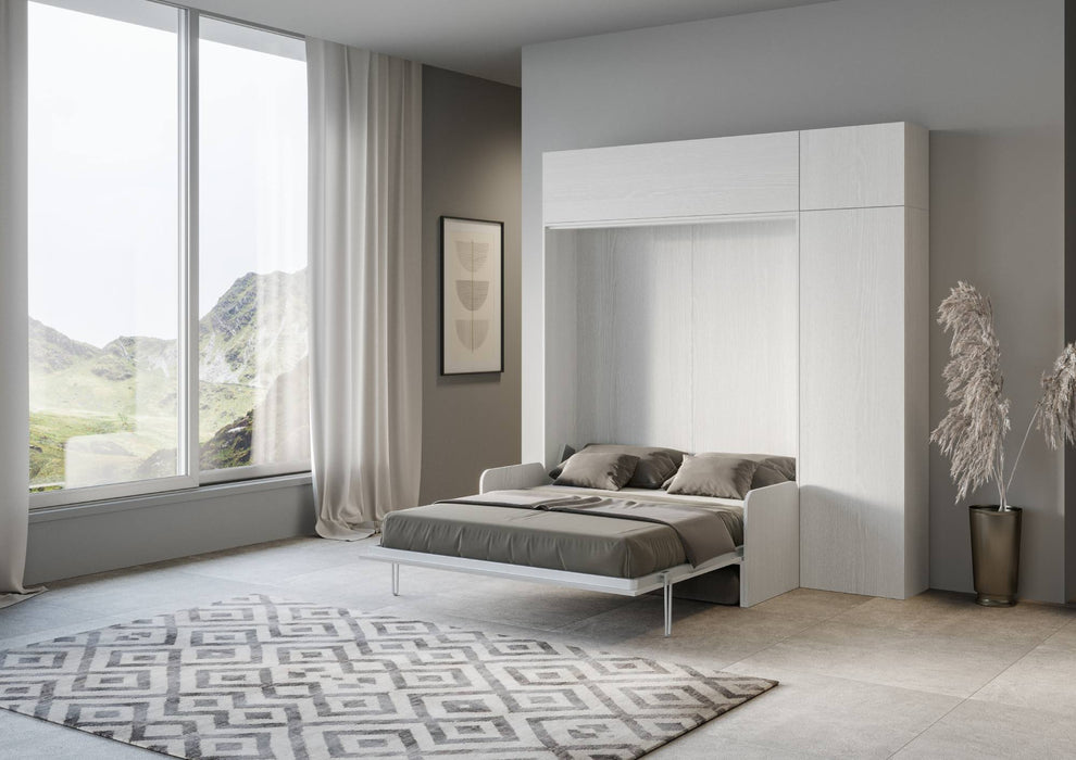 Letto Kentaro Sofà con colonna e pensile bianco aperto, ideale per ambienti multifunzionali e moderni.