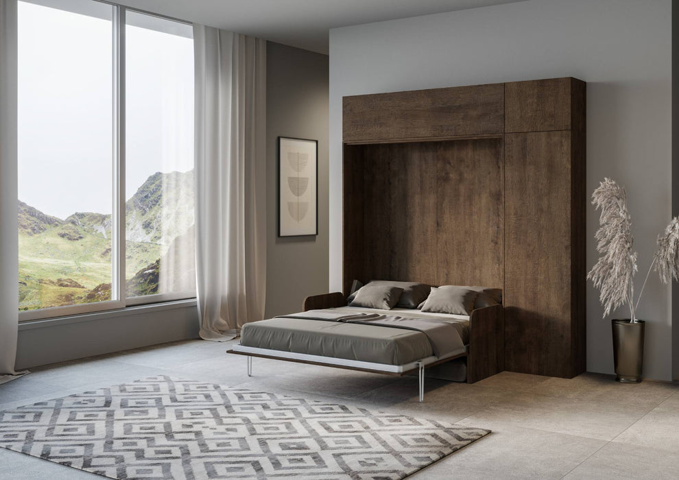 Letto Kentaro Sofà con colonna e pensile in legno scuro aperto, perfetto per ambienti moderni e funzionali.