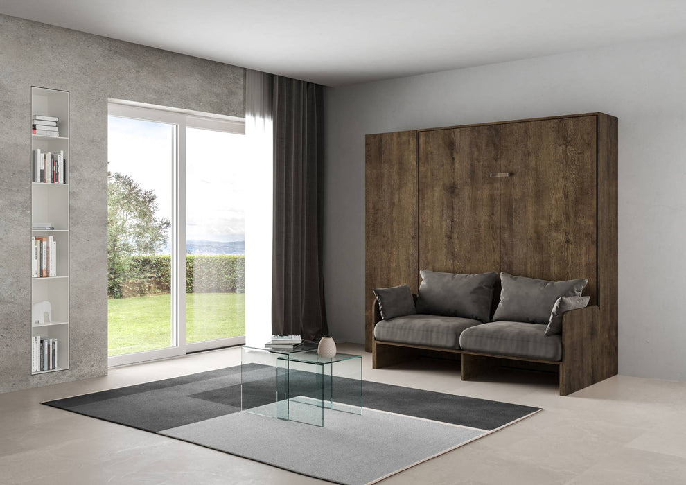 Letto a scomparsa Kentaro Sofà con colonna in legno scuro, perfetto per arredare con stile e funzionalità.