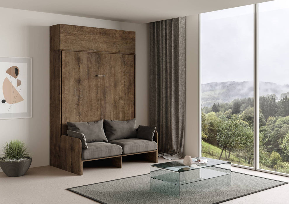 Letto a scomparsa Kentaro Sofà con pensile in legno scuro, chiuso in soggiorno moderno e luminoso.