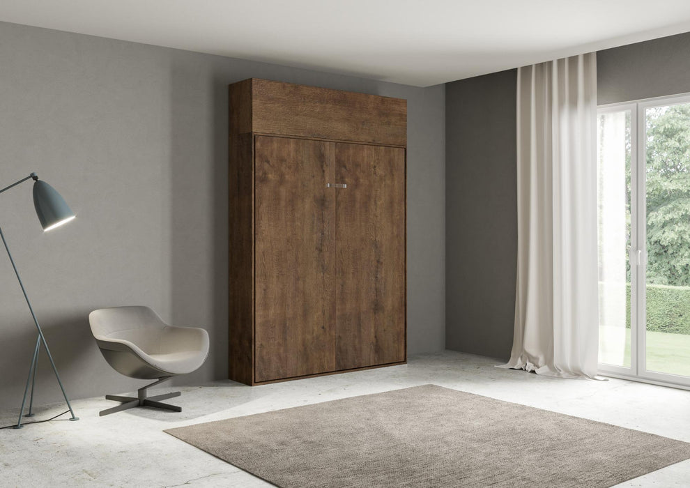 Letto Kentaro con pensile superiore chiuso in legno scuro, soluzione verticale per spazi moderni.