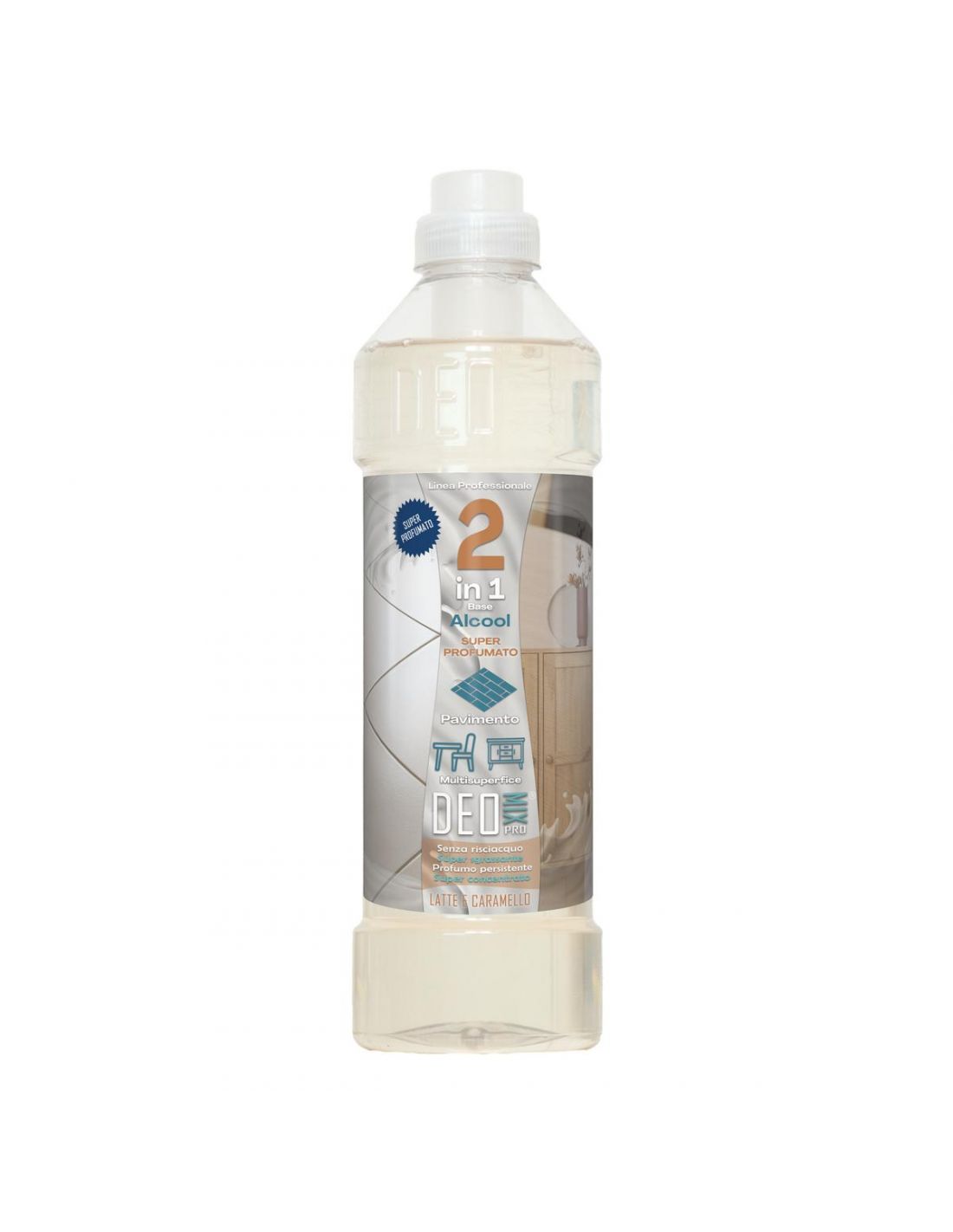Detergente professionale per pavimenti e superfici dure con profumo persistente latte e caramello, formato da 1000 ml, confezione trasparente