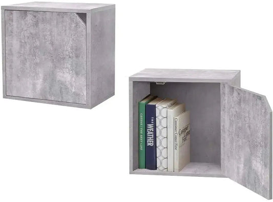Cubo componibile 35x29x35cm in cemento con sportello aperto, contenente libri. Perfetto per librerie modulari e contenitori versatili.