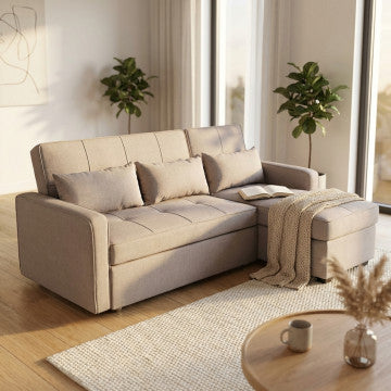 Divano letto in tessuto tortora, dimensioni 210x164 cm, altezza 89 cm