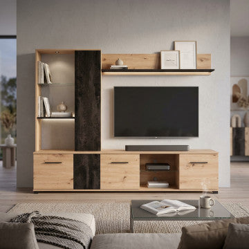 Soggiorno Alhambra rovere artigiano e carbon 202x40x155,5 cm truciolare