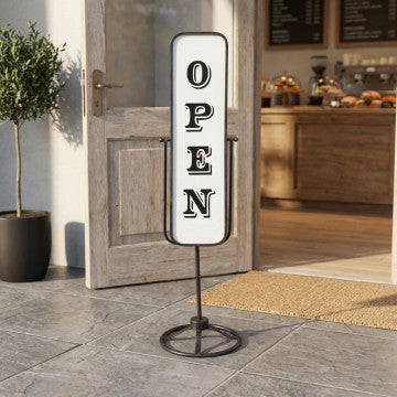 Cartello Open/Closed in acciaio bianco, 30x30 cm, altezza 120,5 cm