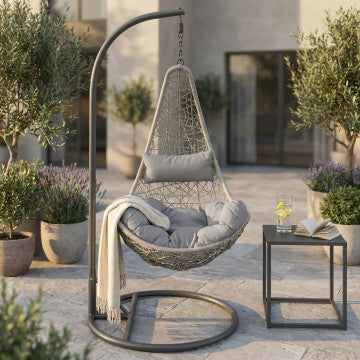 Dondolo con struttura in metallo tortora e seduta in wicker grigio