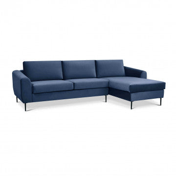 Divano con chaise longue in tessuto blu, gambe in metallo