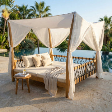 Gazebo letto in teak con cuscini, 210x200x30 cm, peso 95 kg