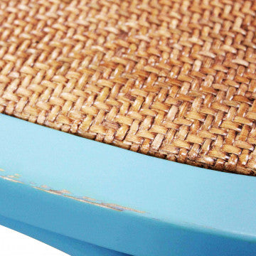 Sedia in legno azzurra con struttura robusta, dimensioni 46x42x87 cm