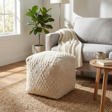Pouf quadrato in cotone e lana, 40x40x40 cm, colore bianco avorio