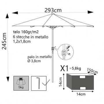 Ombrellone telo poliestere 160gr grigio palo metallo Ø38 diametro 3m