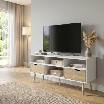Mobile porta TV 2 cassetti 4 ripiani legno bianco grigio 117x39x58cm