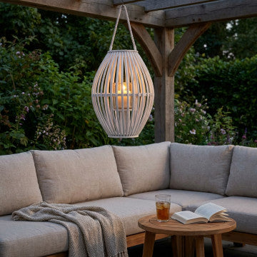 Lanterna in vimini bianco con vetro cilindrico, Ø34 cm base, altezza 60 cm