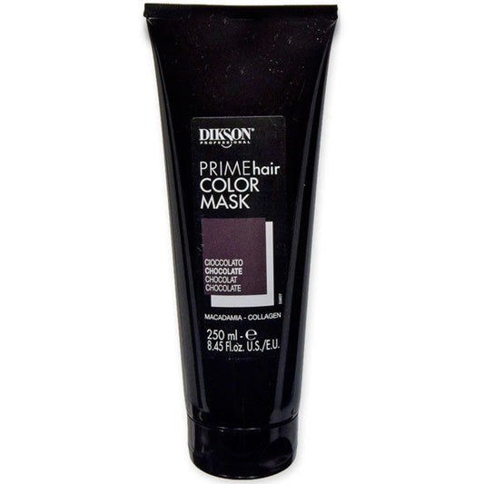Maschera colorante per capelli cioccolato Dikson Prime Mask in tubo nero da 250 ml, nutrimento, morbidezza e lucentezza, ideale per capelli color cioccolato.