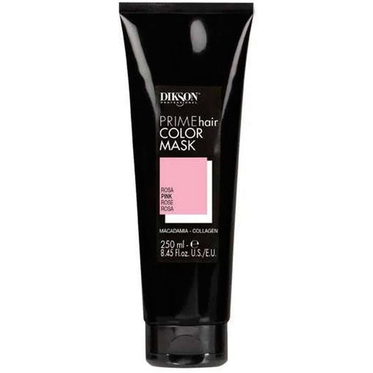 Maschera colorante per capelli rosa di Dikson Prime, contenitore da 250 ml nero con etichetta rosa, ideale per nutrire e fissare il colore