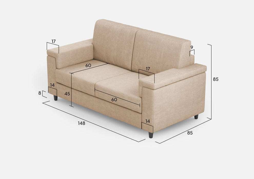 Divano Marrak 2 posti beige con misure dettagliate L.148cm, sedute da 60cm, perfetto per ambienti piccoli e raffinati.