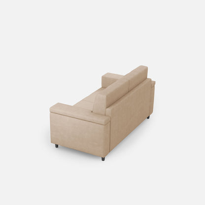 Retro angolare del divano Marrak 2 posti medio beige, con struttura solida e rivestimento uniforme per ambienti moderni.