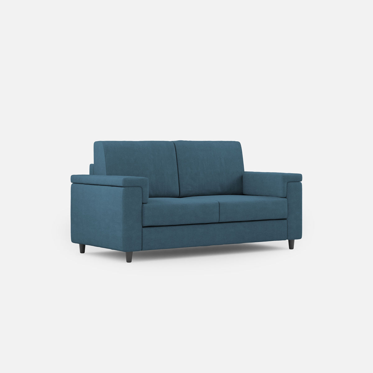 Divano Marrak 2 posti medio blu con due sedute da 70cm, misure esterne L.168cm, design moderno e compatto ideale per salotti eleganti.