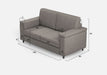 Divano Marrak 2 posti grigio con misure dettagliate L.148cm, sedute da 60cm, ideale per spazi piccoli e arredamento moderno.