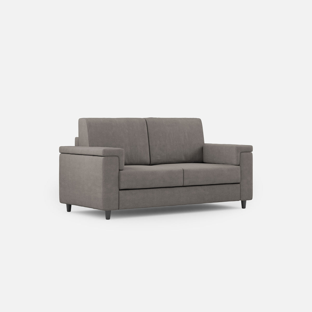 Divano Marrak 2 posti medio grigio con design compatto e piedini neri, ideale per arredare con eleganza e funzionalità.