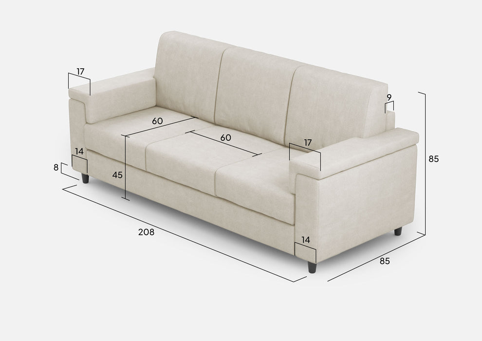 Vista angolare del divano Marrak 3 posti panna, sedute spaziose e stile minimal per arredamento moderno