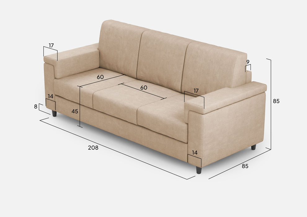 Divano Marrak 3 posti beige con misure esterne L.208cm e sedute da 60cm, ideale per soggiorni moderni