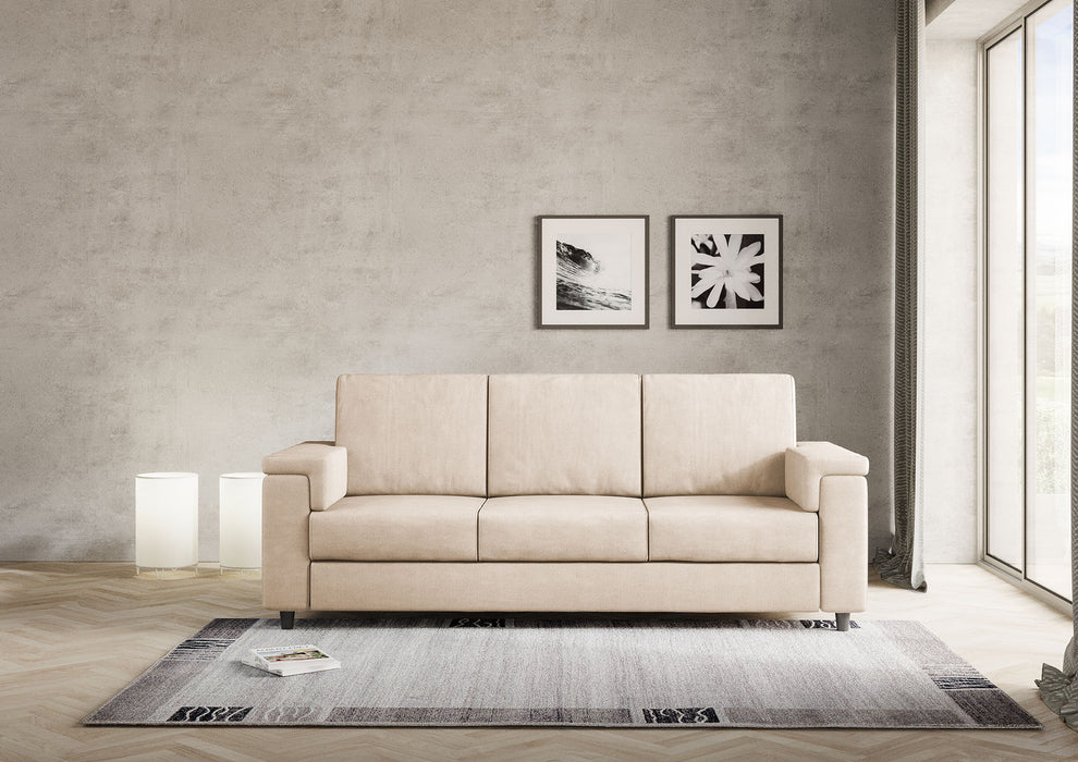 Divano Marrak 3 posti beige in soggiorno moderno, perfetto per creare un ambiente accogliente e raffinato