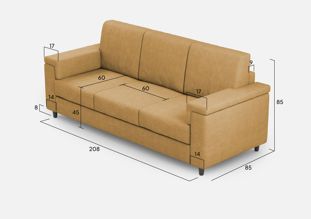 Divano Marrak 3 posti senape in soggiorno moderno, ideale per ambienti caldi e accoglienti
