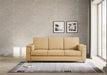 Vista angolare del divano Marrak 3 posti senape, sedute ampie e design elegante per arredamento contemporaneo