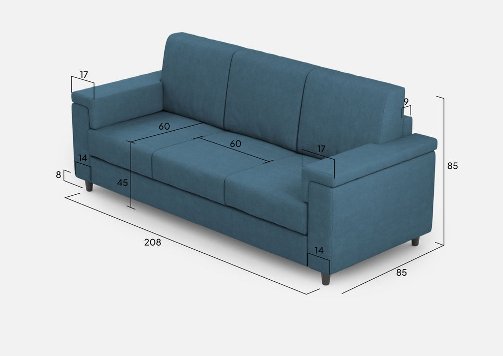 Divano Marrak 3 posti blu con misure dettagliate L.208cm, sedute da 60cm, ideale per spazi living funzionali