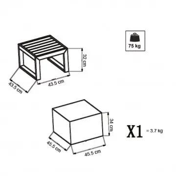 Schema tecnico del Tavolino Cuba 45 x 45 con dimensioni 45x45x32 cm e capacità di carico fino a 75 kg, ideale per uso esterno.