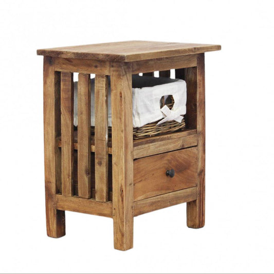 Comodino in legno riciclato marrone con cassetto e scaffale superiore, design naturale e robusto, ideale per arredo ecologico e funzionale